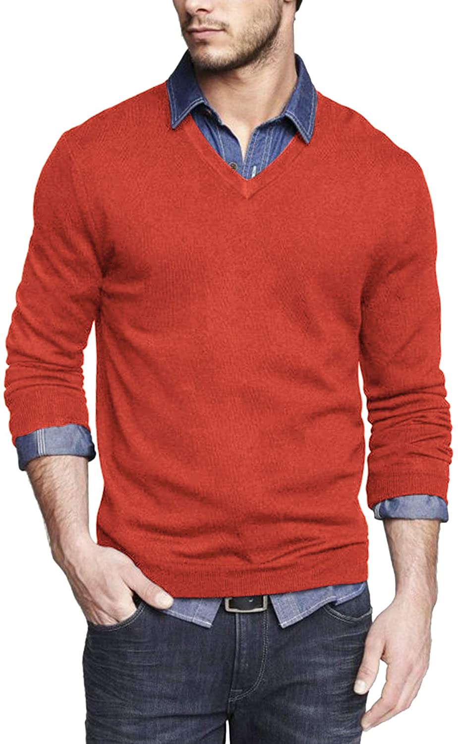 COOFANDY Men Casual V Neck Sweater Ribbed Knit Slim Fit Long Sleeve  Pullover Top