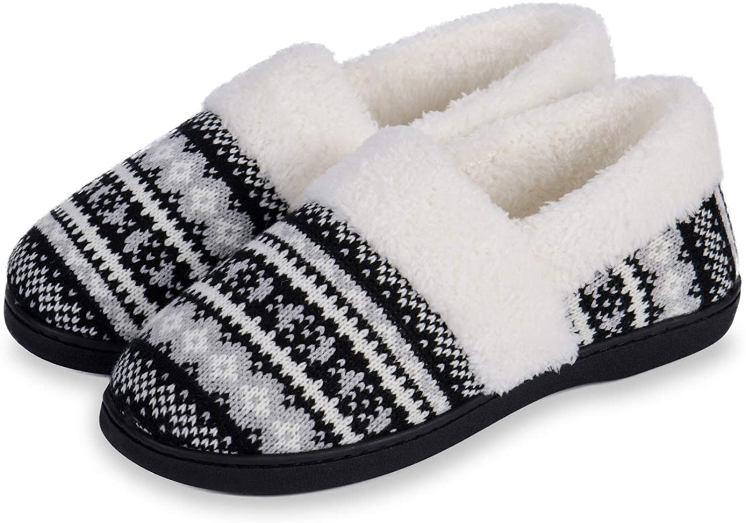 JeathFea Women's Knit Memory Foam Slippers Comfy Slip-on House Shoes with Faux Fur Lined Indoor Outdoor Anti-Skid Rubber Sole 