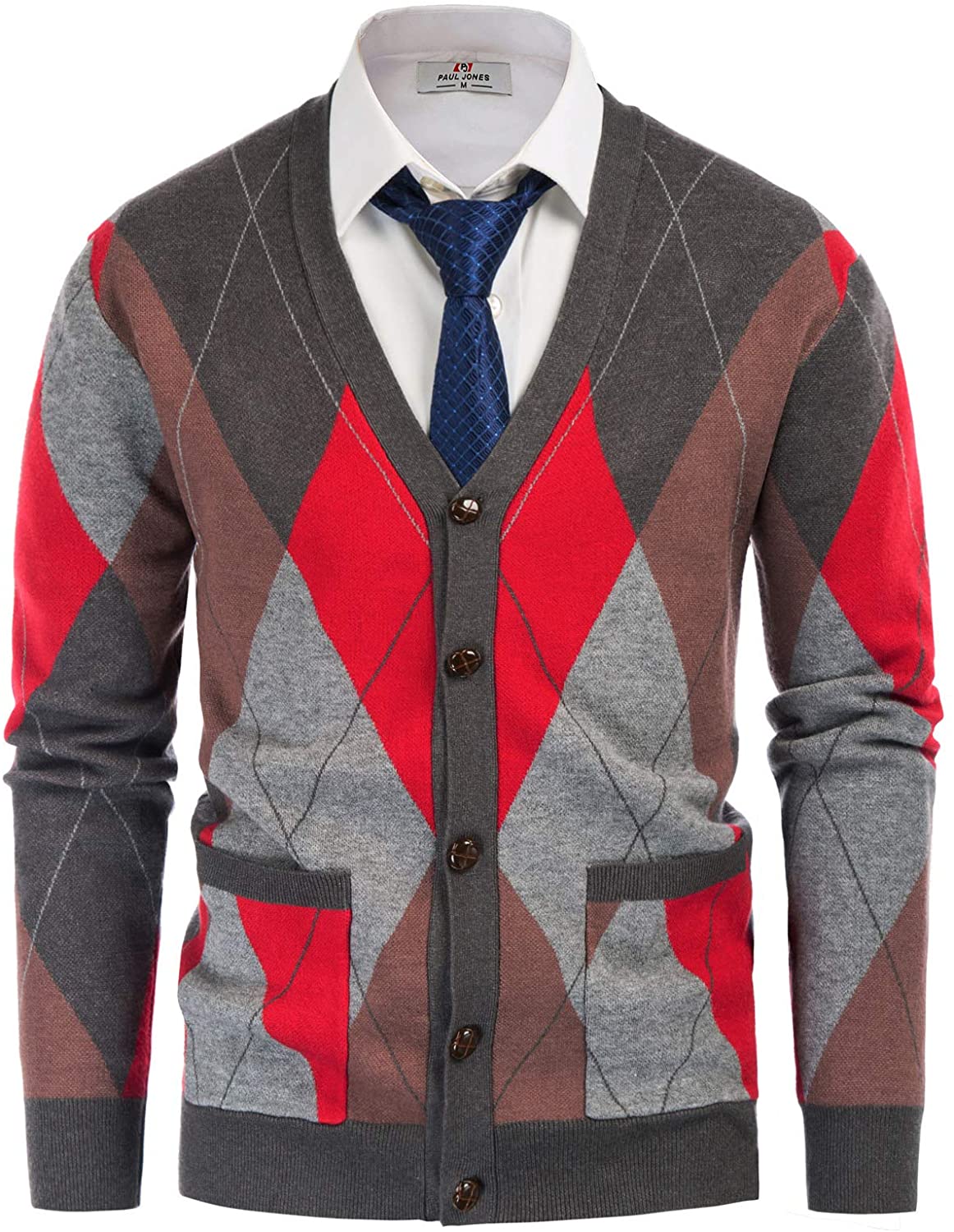 PJ PAUL JONES Mens V Neck Argyle Cardigan Sweater Contrast Knitwear with Pockets 