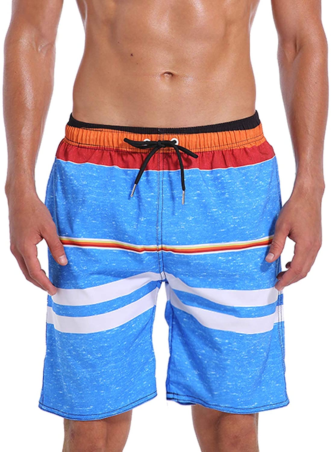 QRANSS Men's Quick Dry Swim Trunks Bathing Suit Striped Shorts with Pockets
