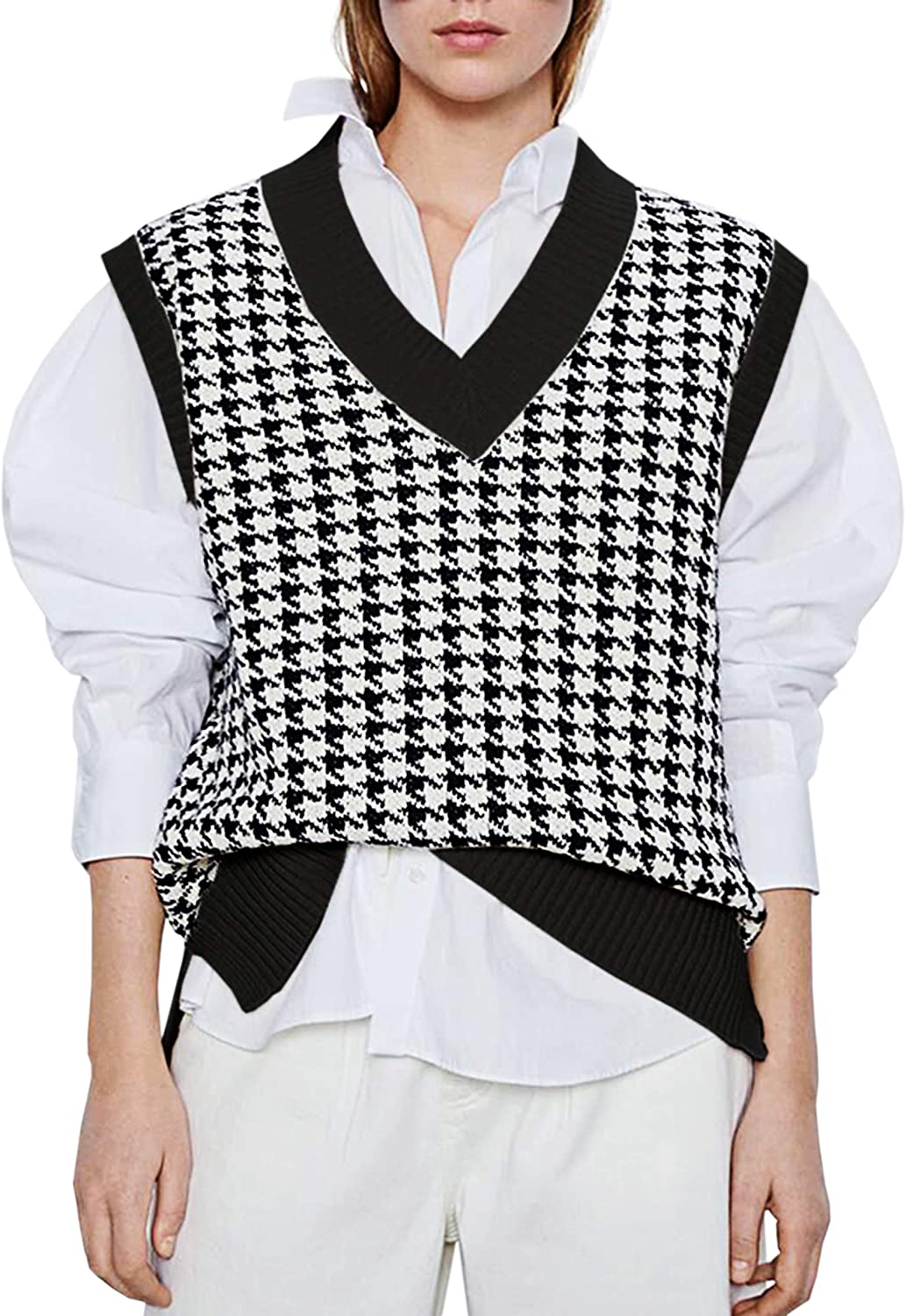 SAFRISIOR Women Casual Oversized Houndstooth Sweater Vest V Neck Geometric Knitted Tank Top Sleeveless Loose Pullover
