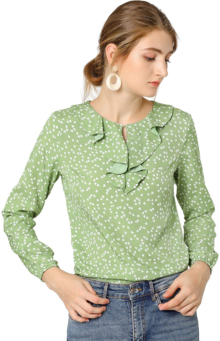 Allegra K Women's Ruffle Neck Long Sleeve Vintage Polka Dots Tunics ...