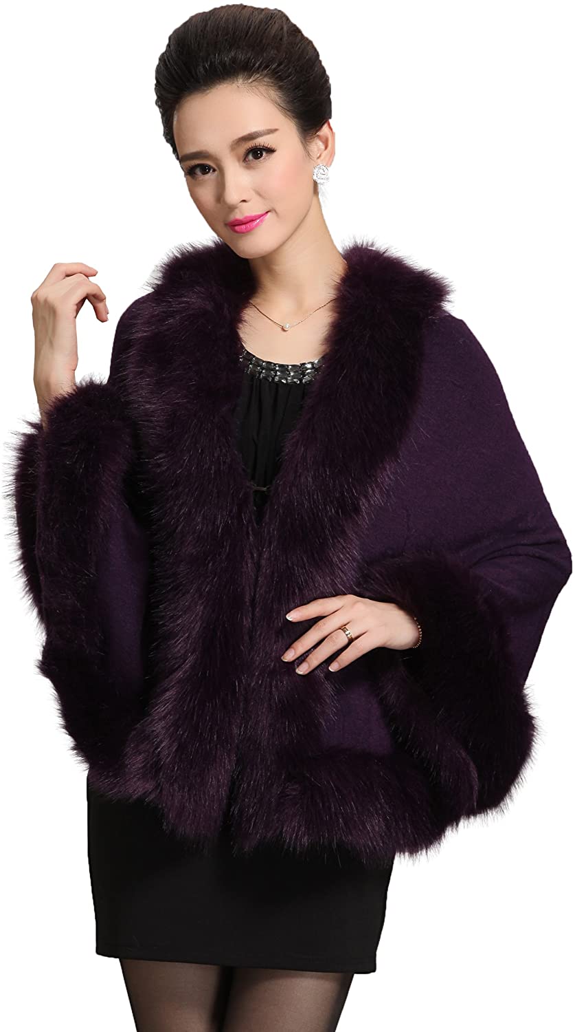 Caracilia Women Luxury Bridal Faux Fur Shawl Wraps Cloak Coat