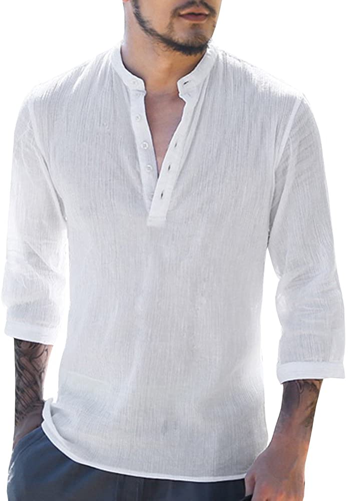 Mens Long Sleeve Henley Shirt Cotton Linen Beach Yoga Loose Fit Henleys Tops