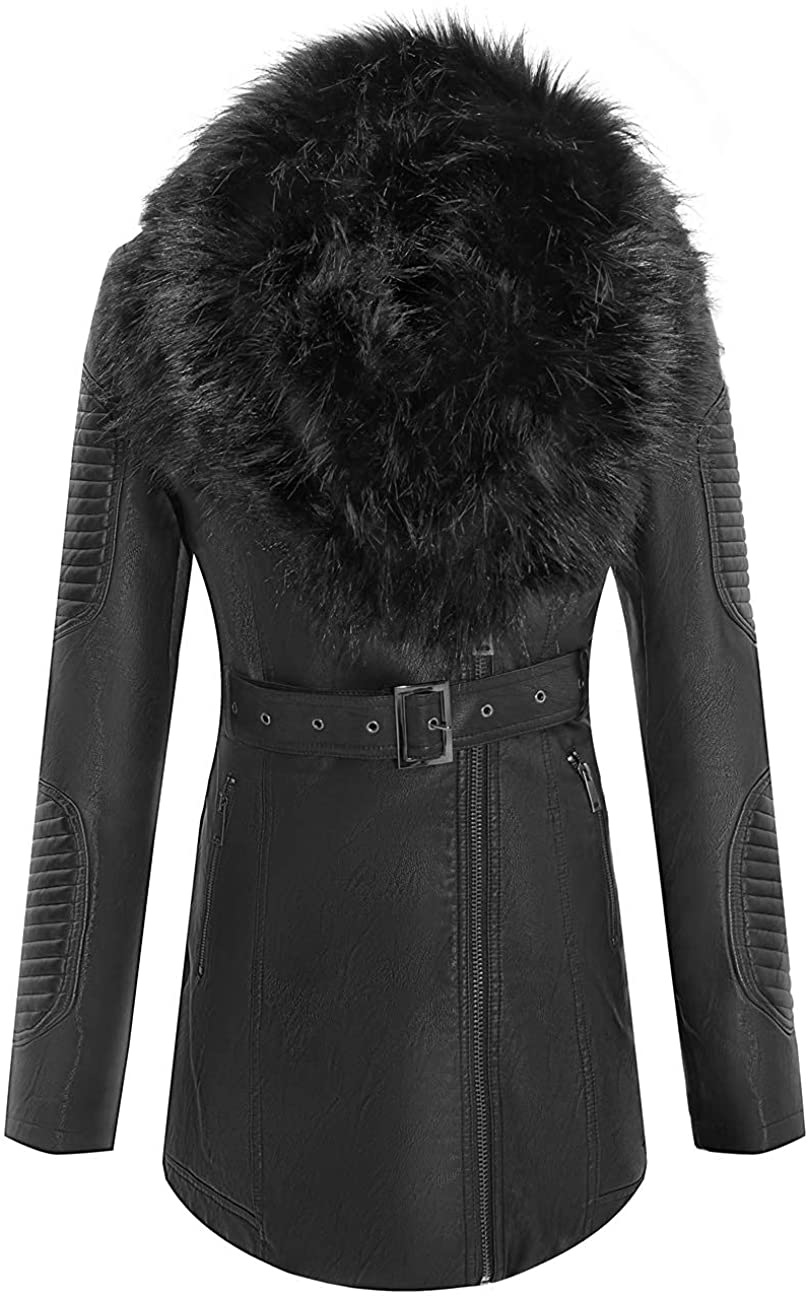 Giolshon Women Faux Suede Leather Jacket Fall and Winter Fashion Trench Long Cardigan Belted Coat with Detachable Fur Collar 