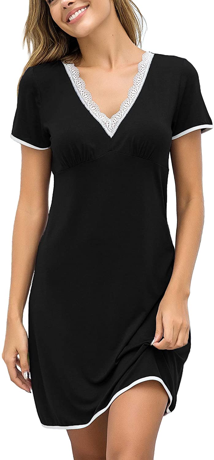 Ekouaer Night Shirts Women Nightgowns Sexy Sleep Shirts Lace Trim V ...