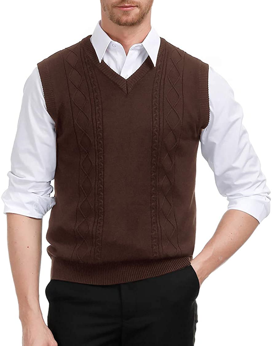PJ PAUL JONES Mens Cable Knit Sweater Vest V Neck Slim Fit Sleeveless Pullover Sweater Vests