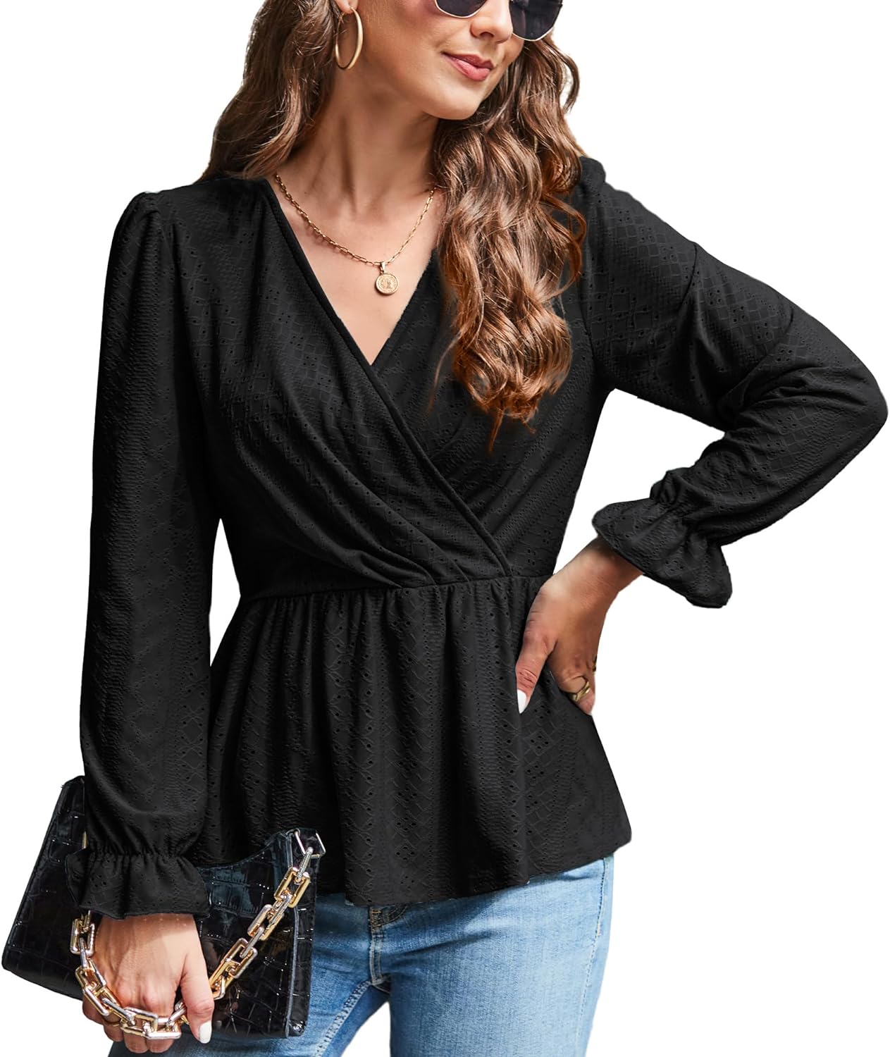 GRACE KARIN Womens Wrap Tops V Neck Eyelet Top Ruffle Sleeve Peplum Blouse  2023 Summer Casual T Shirts, Black, Large : : Clothing &  Accessories