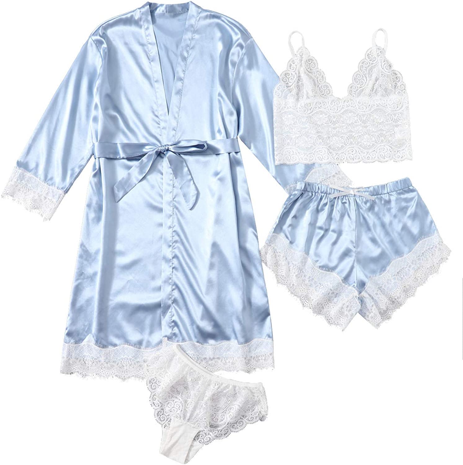 SOLY HUX Women's Sleepwear 4pcs Floral Lace Trim Satin Cami Pajama Set with  Robe