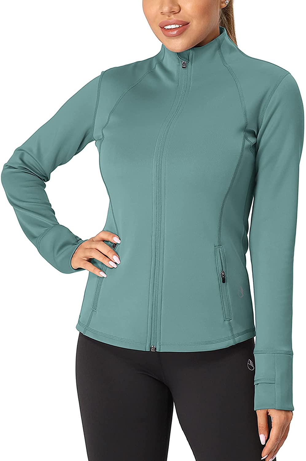 icyzone Workout Zip Up Jackets for Women Yoga Running Athletic Track Jacket with Thumb Holes 