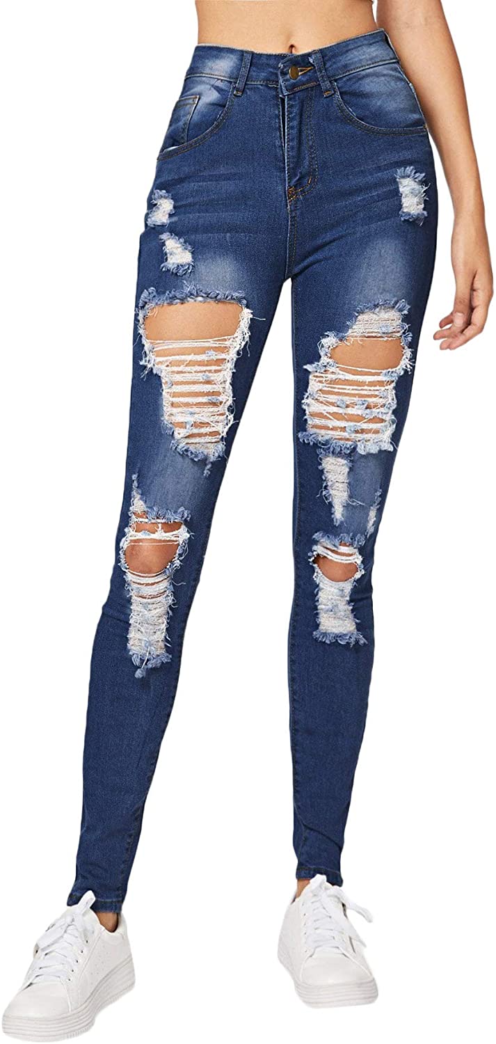 Milumia Womens Casual Mid Waist Skinny Ripped Jeans Denim Pants 