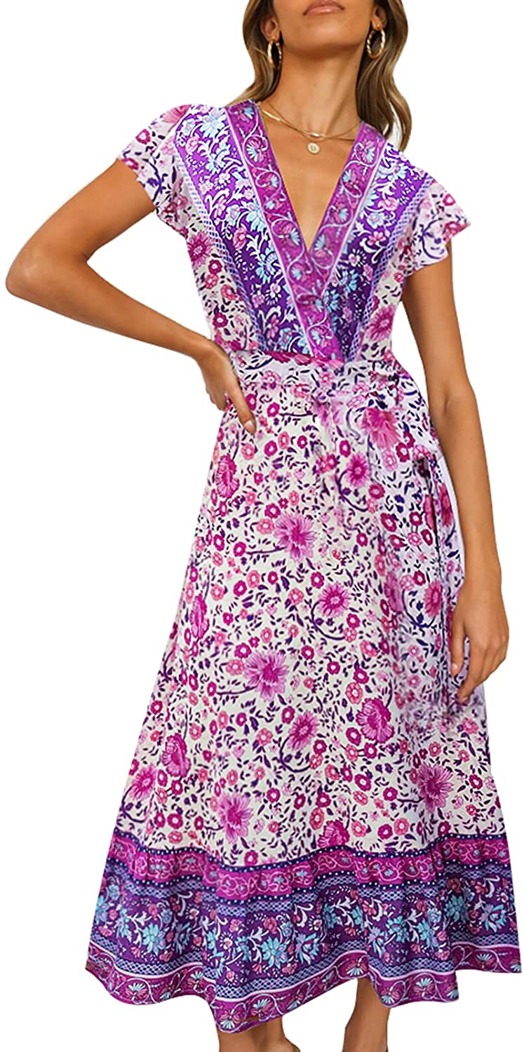 TEMOFON Women's Wrap Dresses Bohemian Floral Printed Summer Casual