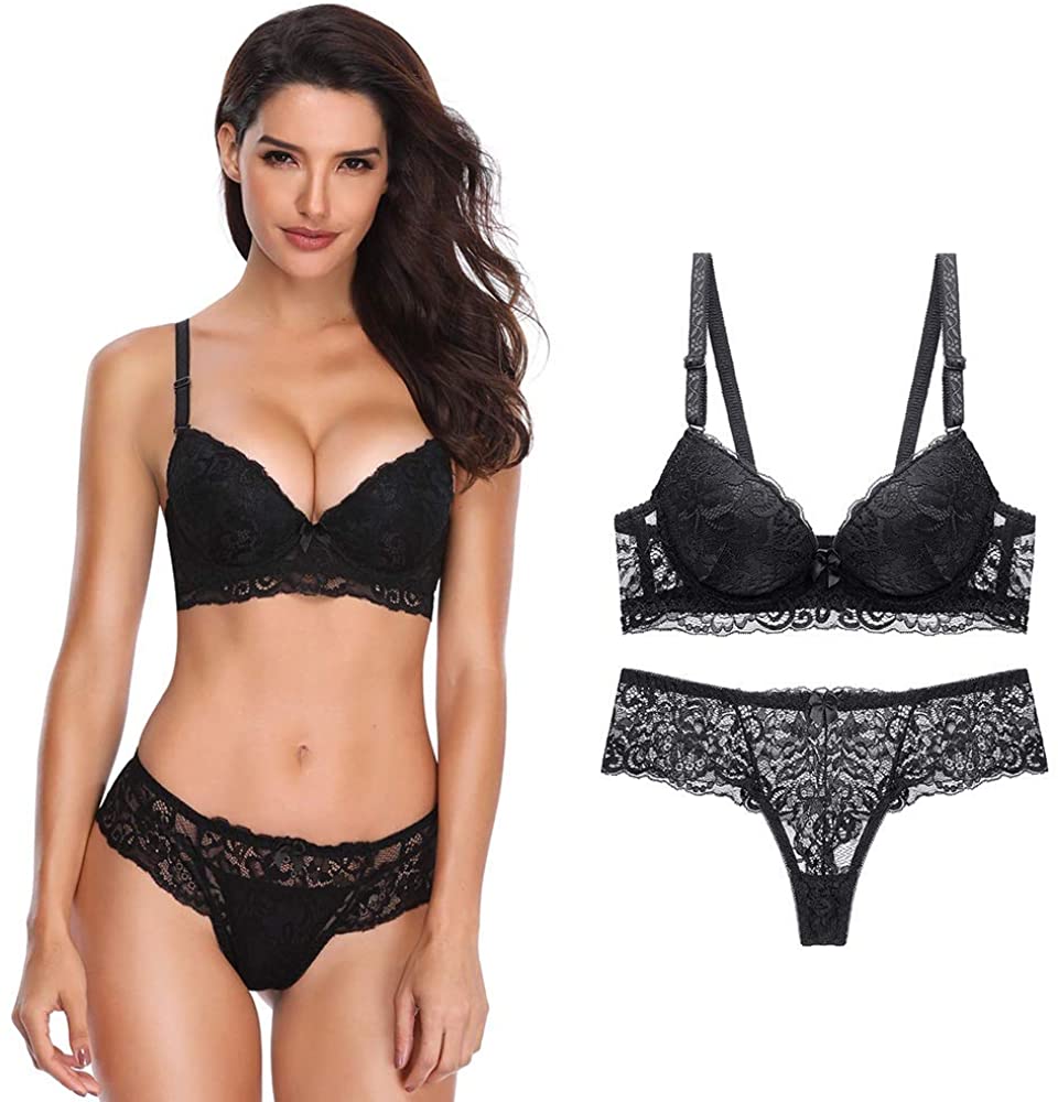 Plus Size Lingerie Set for Women Sexy Push up Bra and Knickers Set 2 Piece  Bra and Panties Set Lace Cup Nightwear(Size:75B,Color:Black)