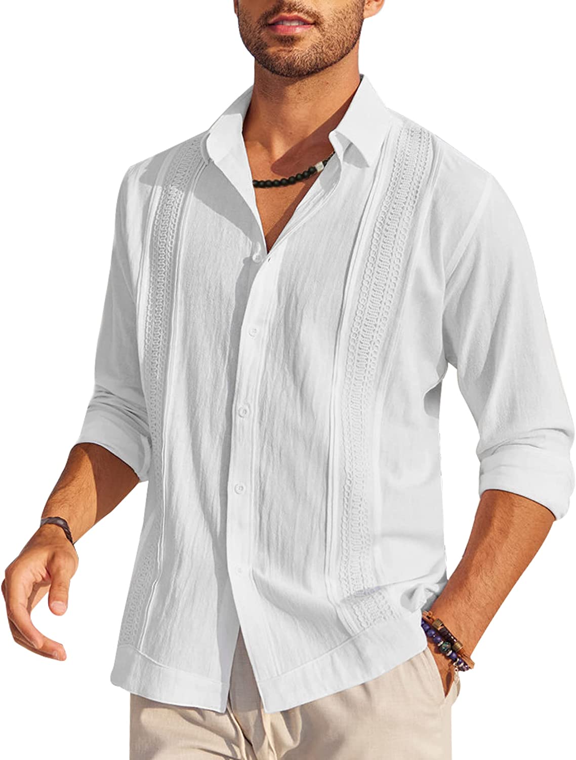 COOFANDY Mens Button Down Long Sleeve Shirt Cuban Collar Shirt