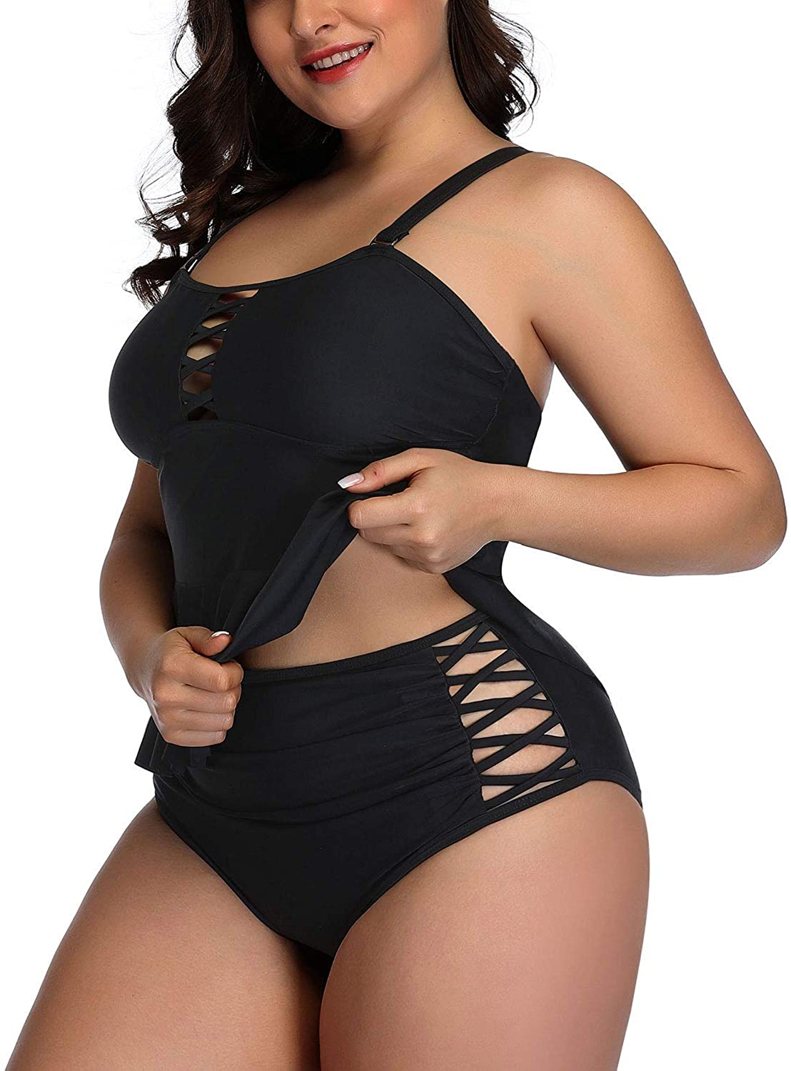 Yonique Womens Plus Size Swimsuits Peplum Ruffle Tankini Top With High 1448