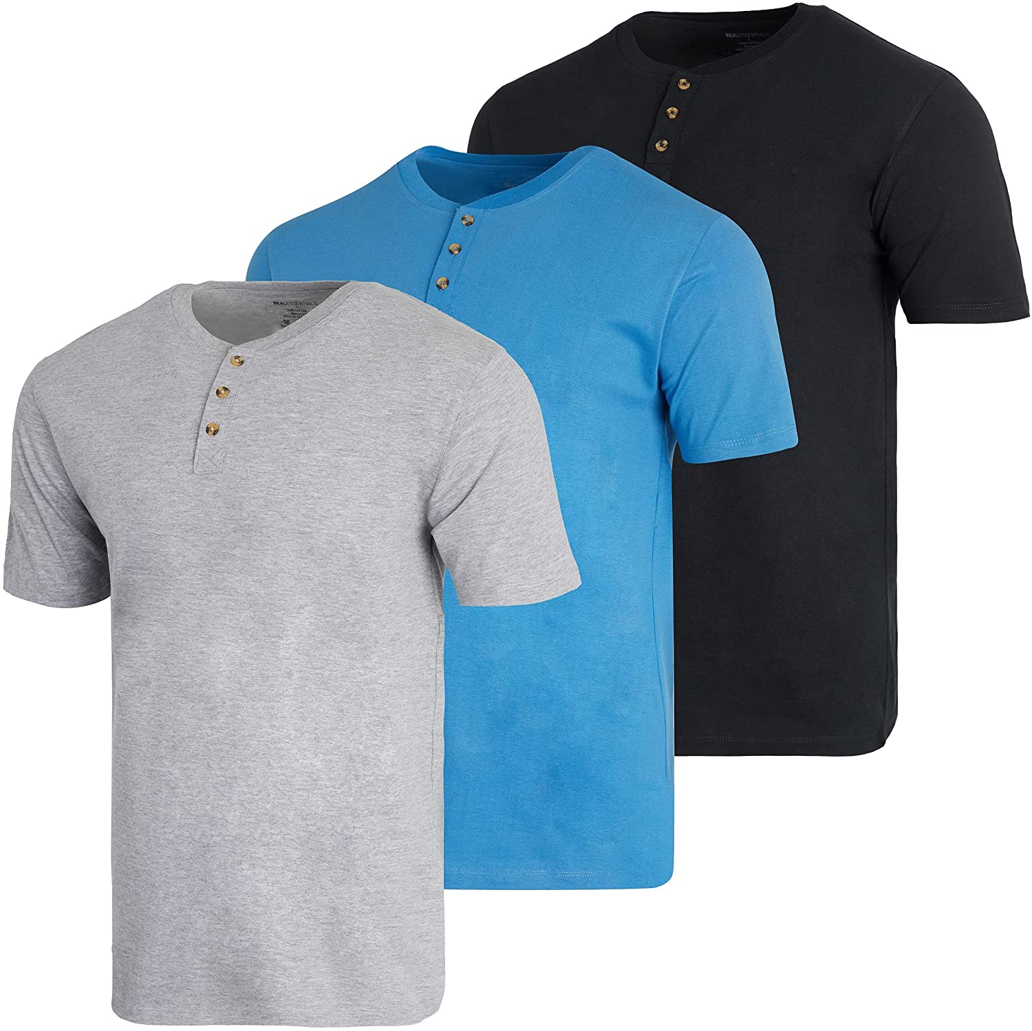 Real Essentials 3 Pack:Mens Casual Short Sleeve Cotton Henley T-Shirt