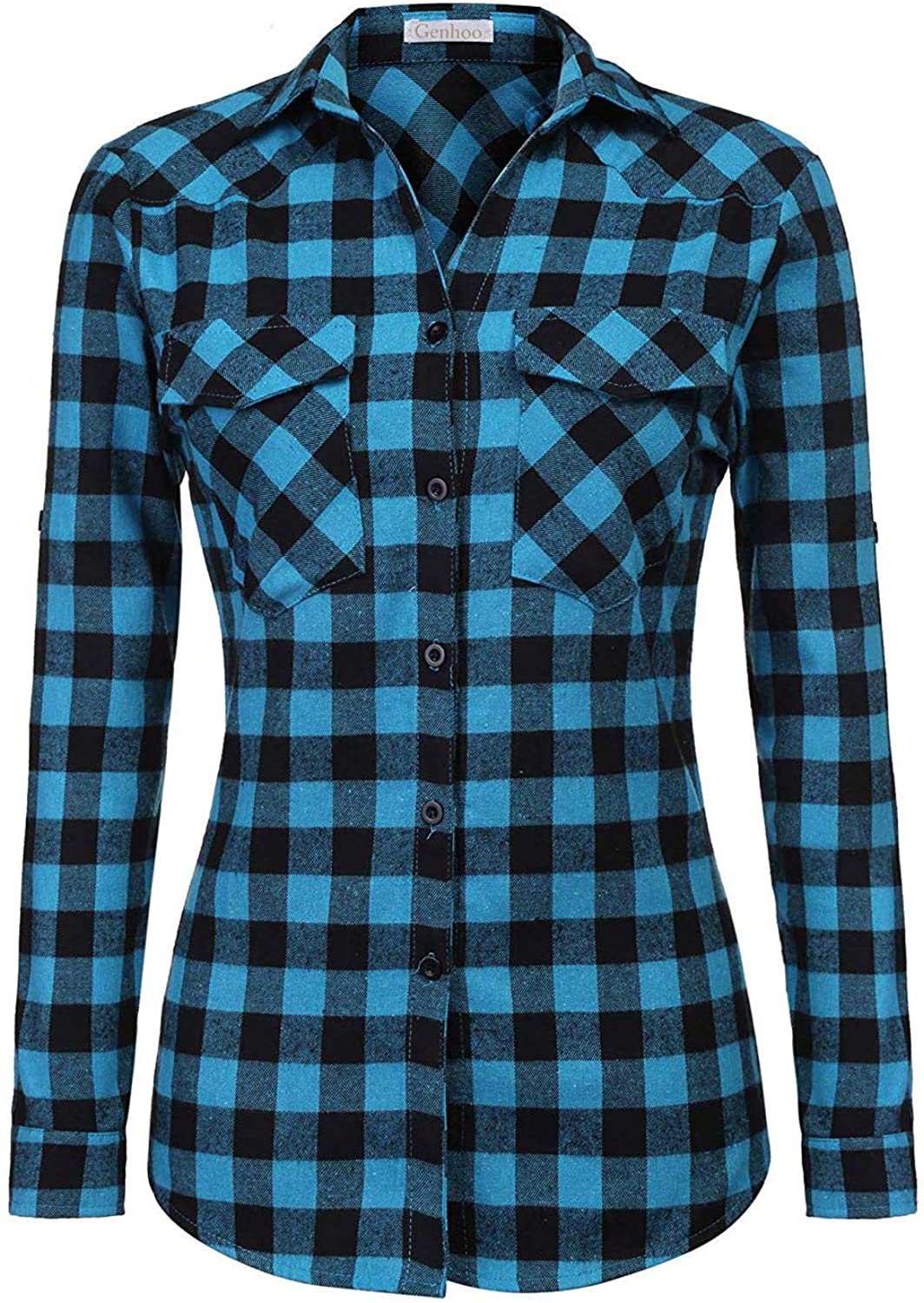 Genhoo Women's Plaid Flannel Shirt with Roll-Up Sleeves and Collared  Button-Down | Casual and Stylish Boyfriend Style