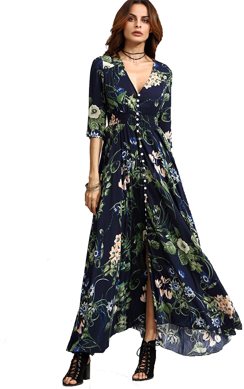 Milumia Women S Button Up Split Floral Print Flowy Lady Maxi Dress Green Ebay