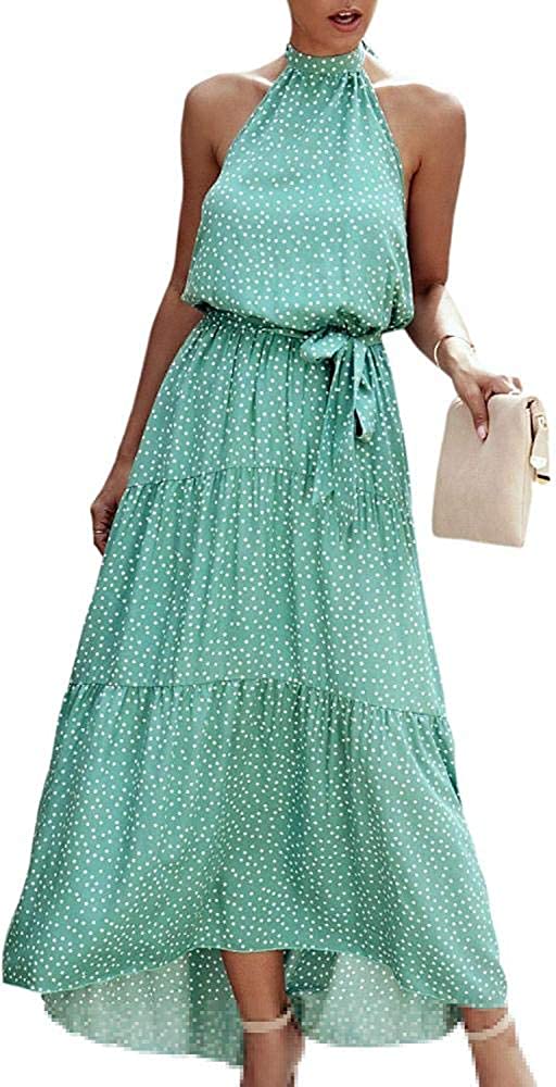 Comeon Women Floral Print Halter Neck Dress Backless Boho Beach Party Maxi Dresses with Belt