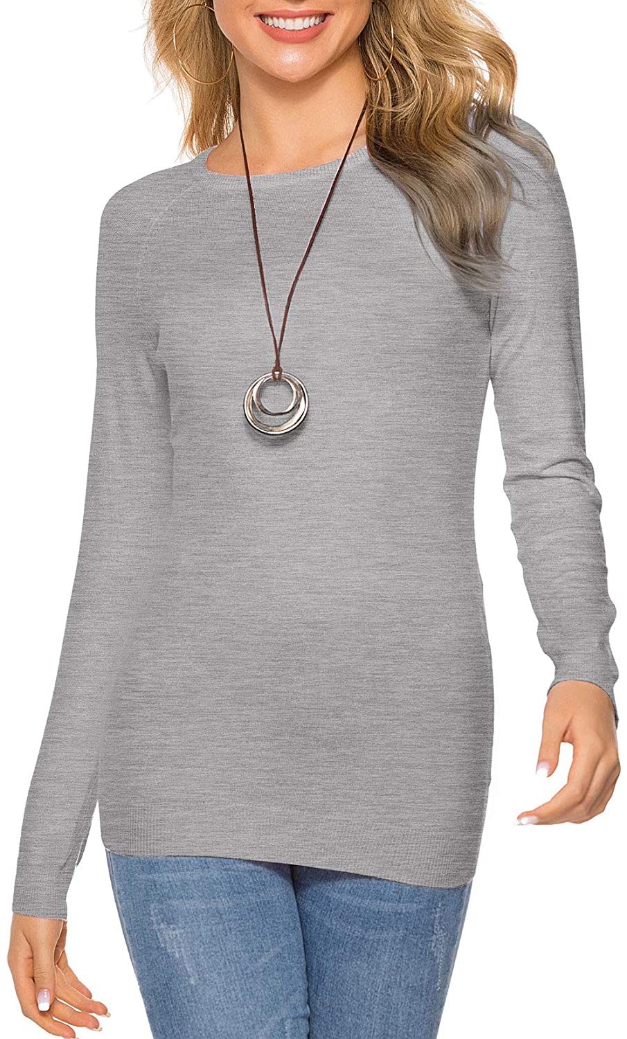 HOCOSIT Women's Long Sleeve Round Neck Tunic Solid Color Raglan Base Lightweight Pullover Sweater