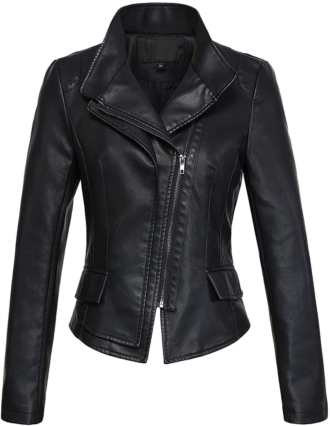 chouyatou Women's Stylish Oblique Zip Slim Faux Leather Biker Outerwear Jacket