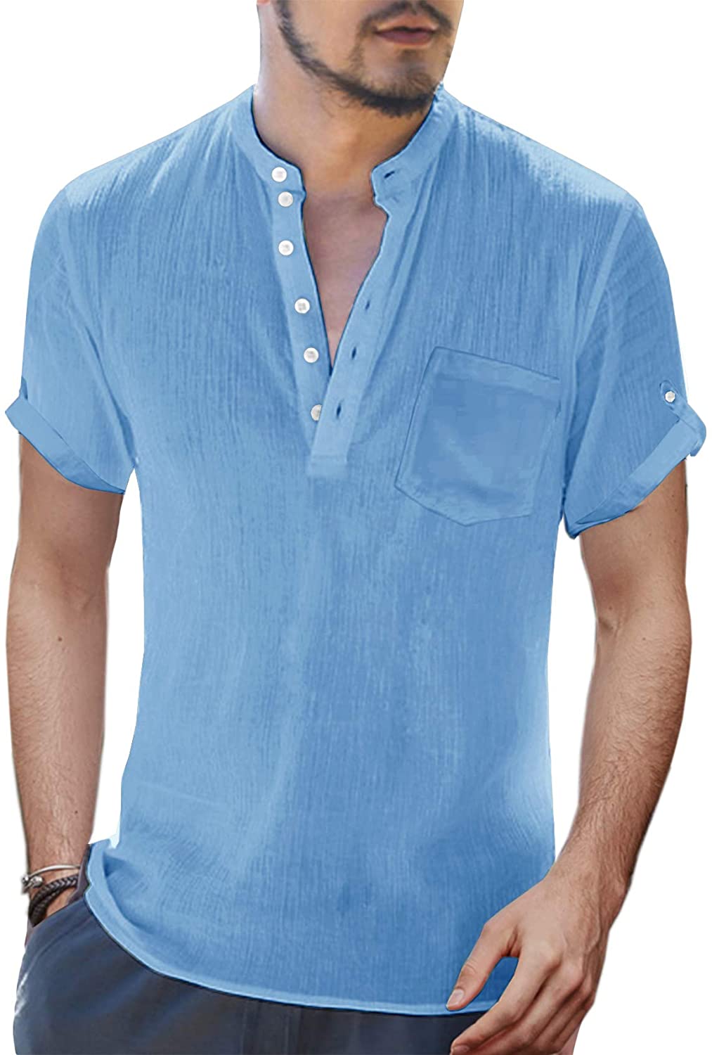 Mens Long Sleeve Henley Shirt Cotton Linen Beach Yoga Loose Fit Henleys Tops Baggy Casual Hippie V Neck T Shirts 