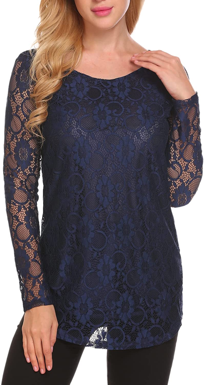 SoTeer Women's Lace Long Sleeve Top Curved Hem Double Layers Blouse Shirt Tops S-XXL