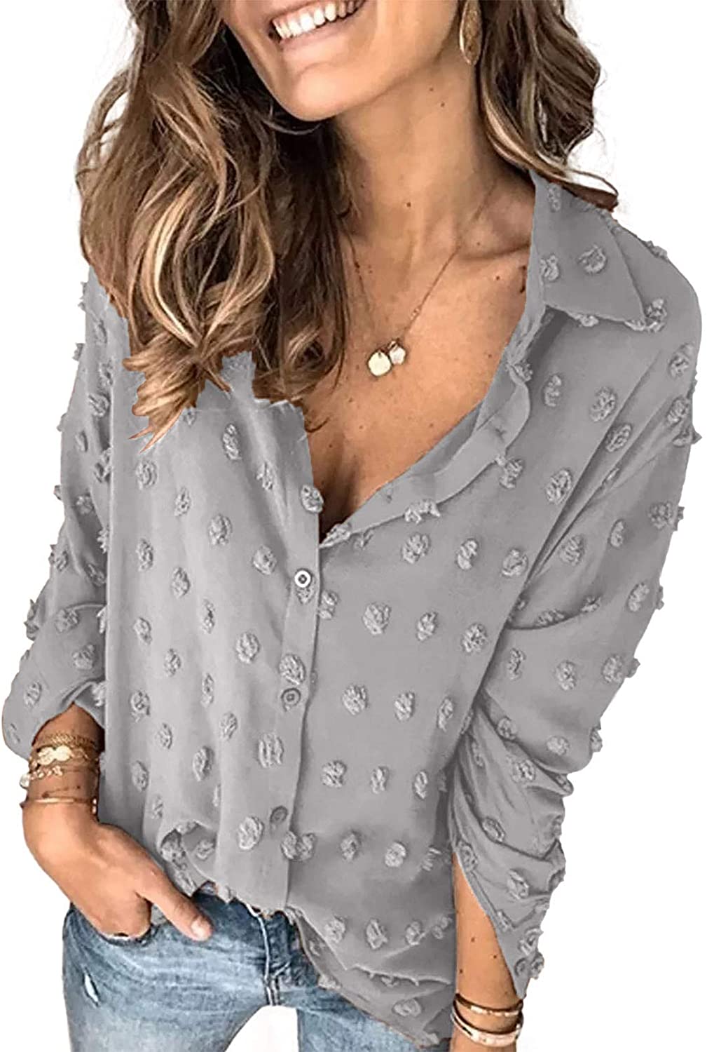 Astylish Womens Pompom Button Down Shirt Casual Blouse Tops