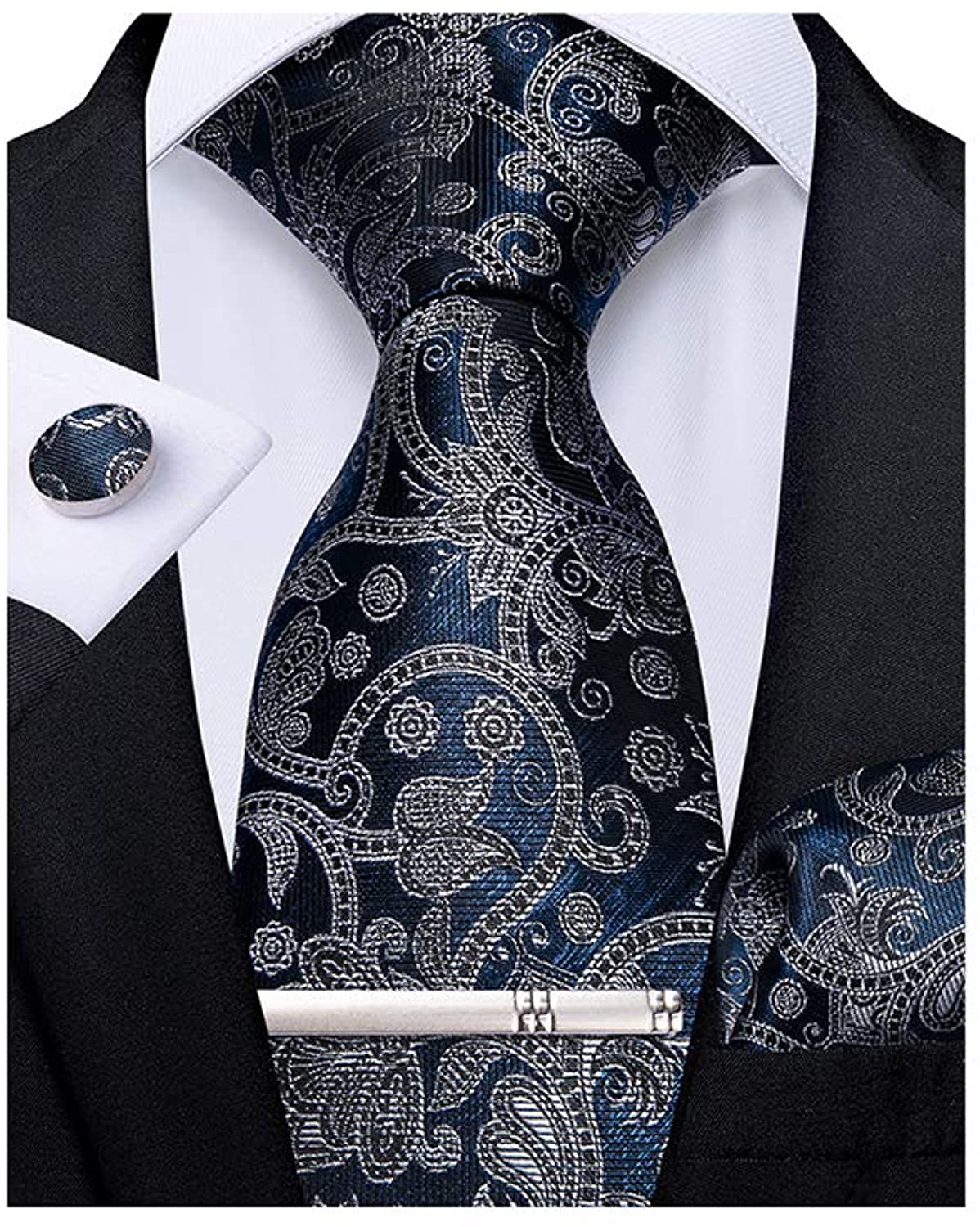New Polyester Woven Men's neck tie and hankie set pattern blue silver formal 