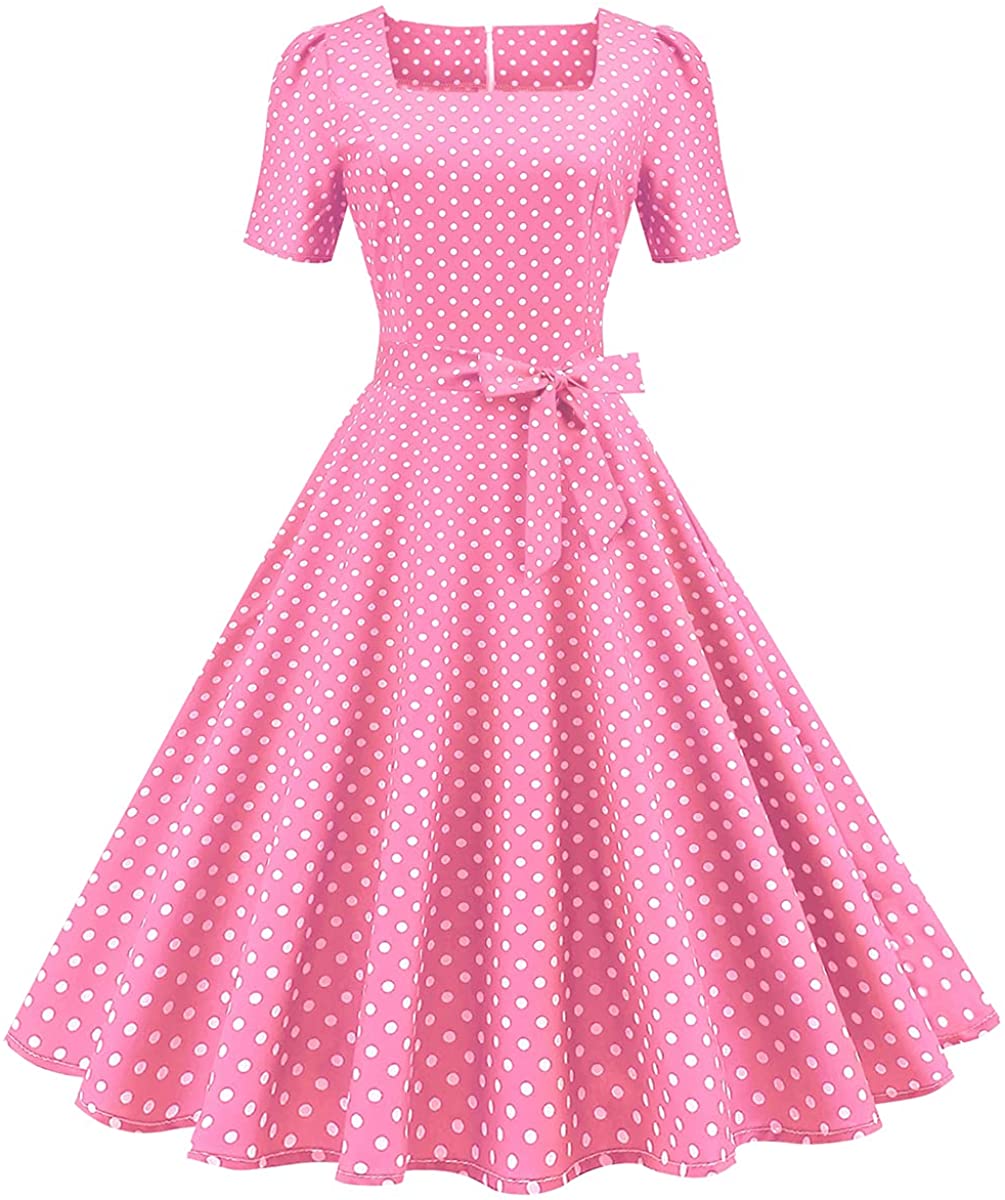 Women Vintage 50s 1950s Dress Square Neck A-line Polka Dot Rockabilly Swing  Evening Party Cocktail Dresses Black S at  Women's Clothing store