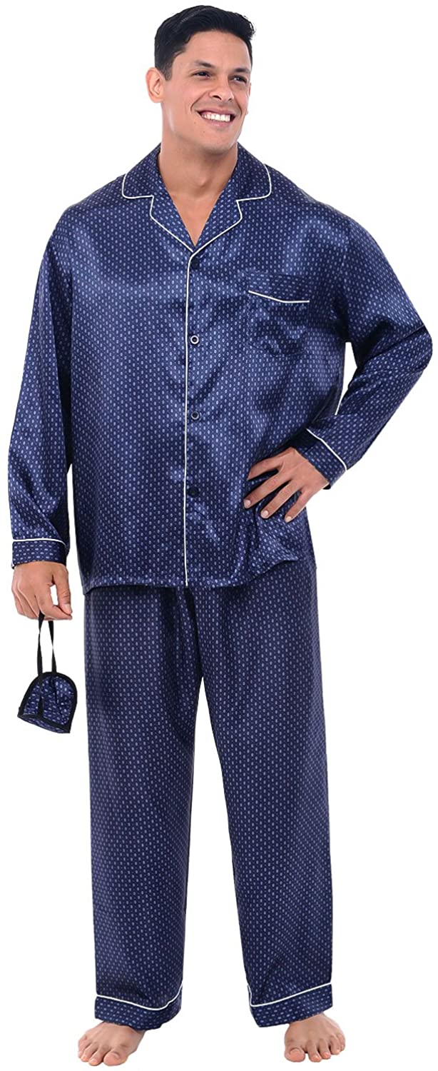 Alexander Del Rossa Men's Button Down Satin Pajama Set with Sleep Mask,  Long Sil