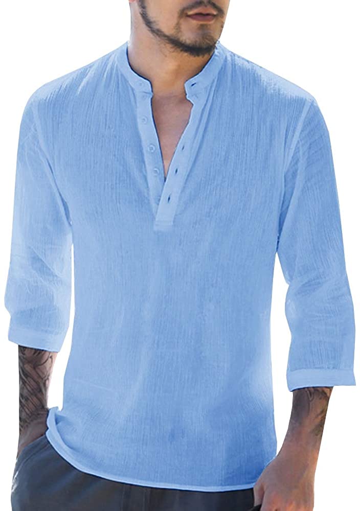 Mens Casual V Neck Cotton Linen 3/4 Sleeve Shirts Henley Tops with Buttons