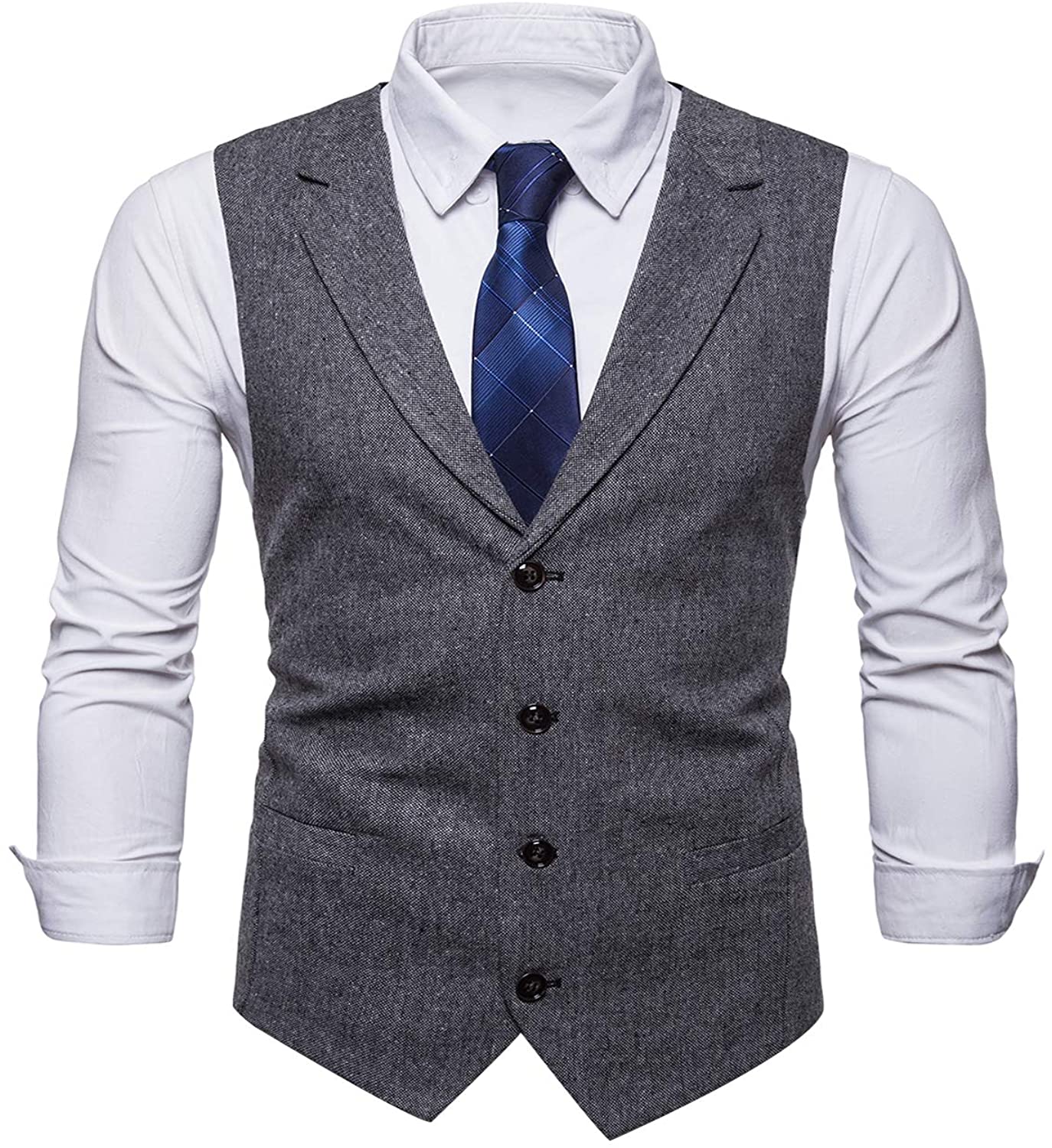 STTLZMC Mens Casual Dress Vests 4 Button Tailored Collar Tweed Suit ...
