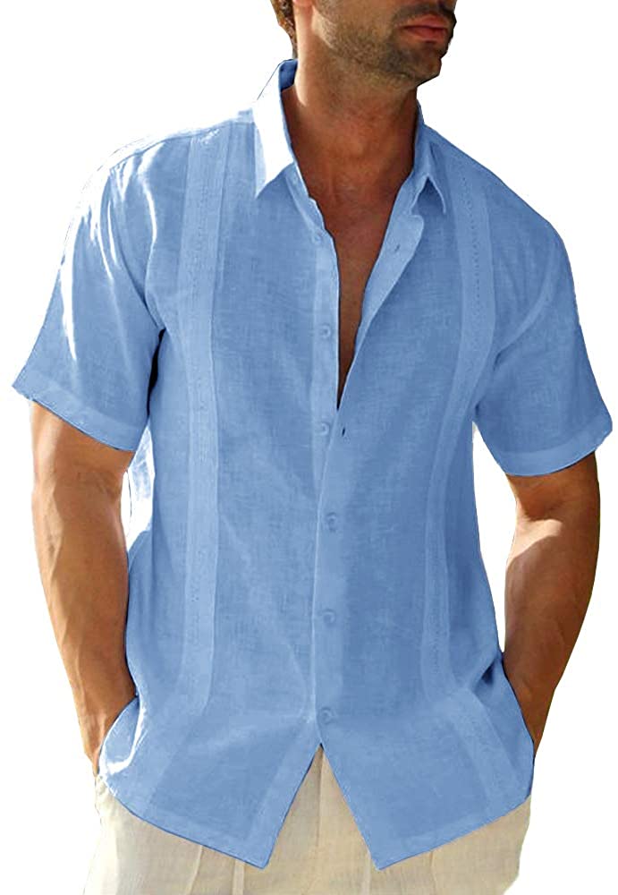 : American Football Player Men‘s Short Sleeve Button Down Shirts  Cuban Guayabera Shirt Beach Tops : Sports & Outdoors