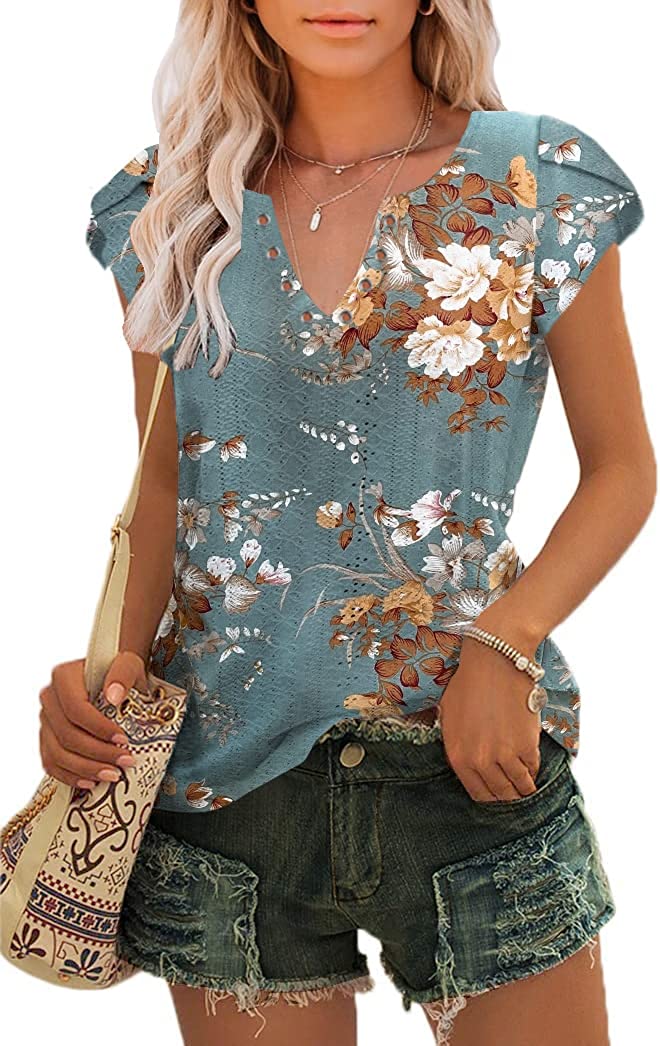 Womens Summer Tops Casual Country V Neck Tee Shirts Petal Sleeve