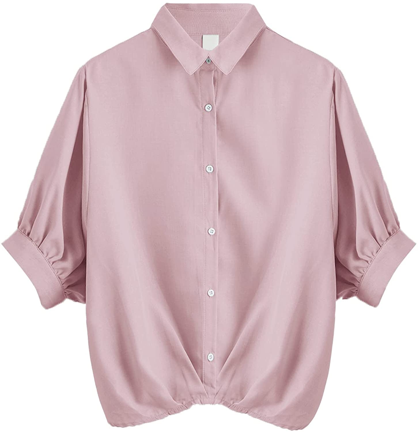 Milumia Womens Collar Lantern Short Sleeve Pleated Shirt Button Down Work Blouse Top