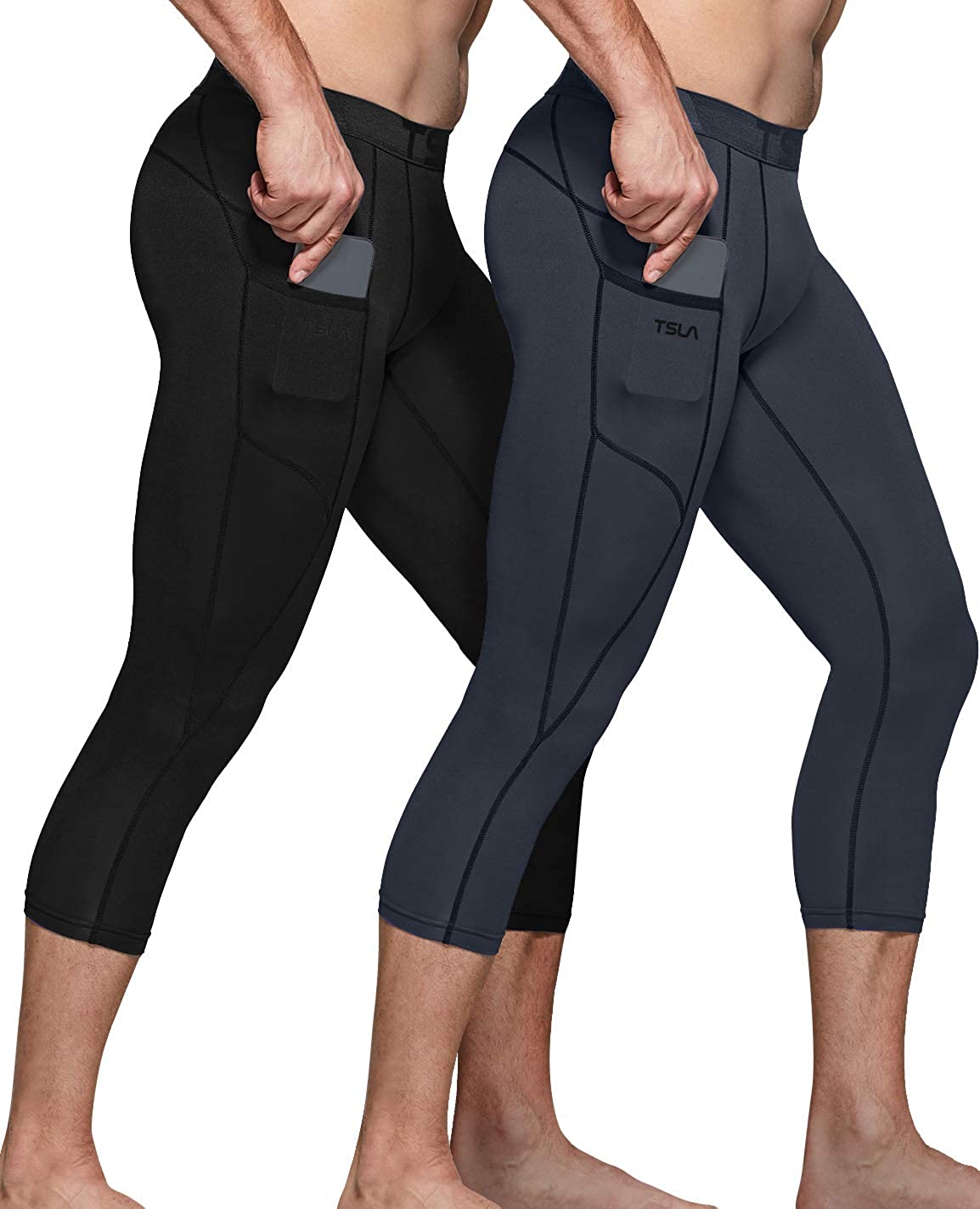 TSLA 1 or 2 Pack Men's 3/4 Compression Pants, Running Workout 