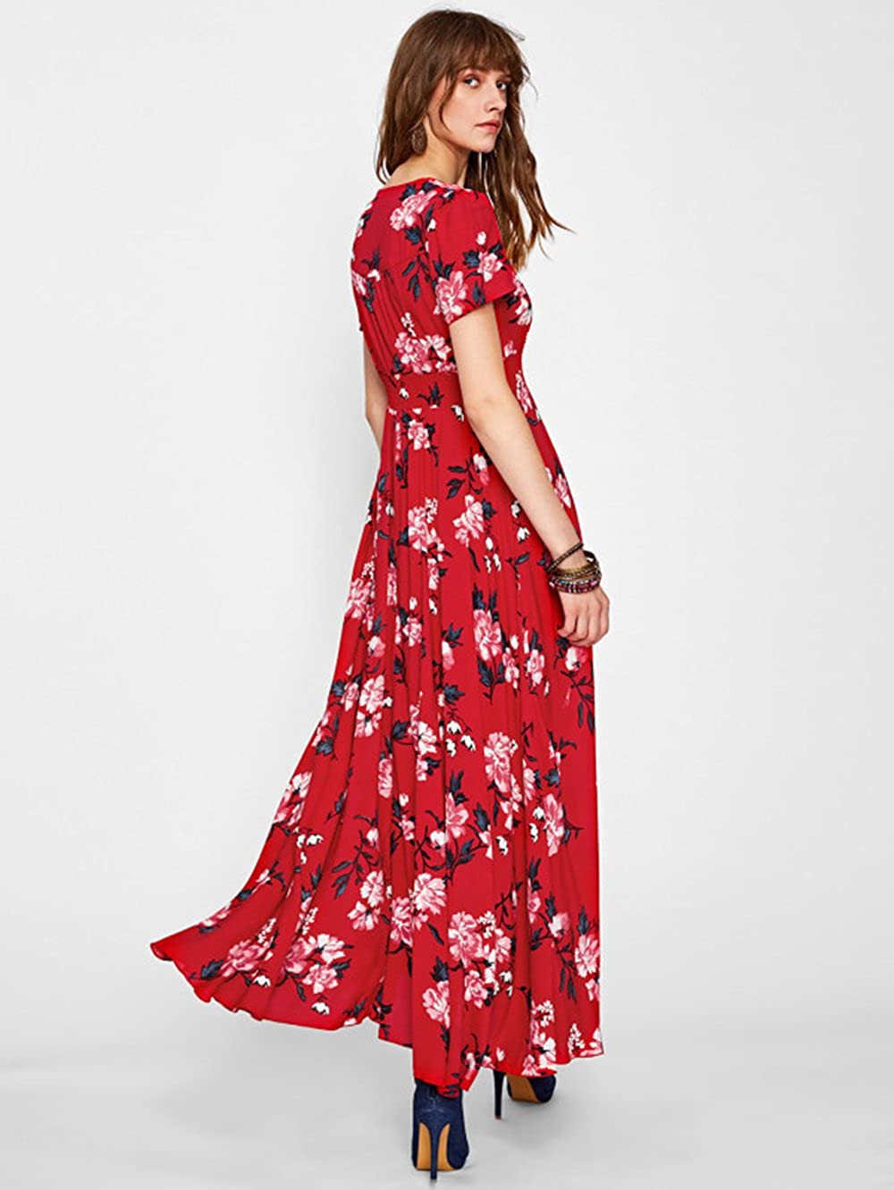 Milumia Women S Button Up Split Floral Print Flowy Party Maxi Dress Red