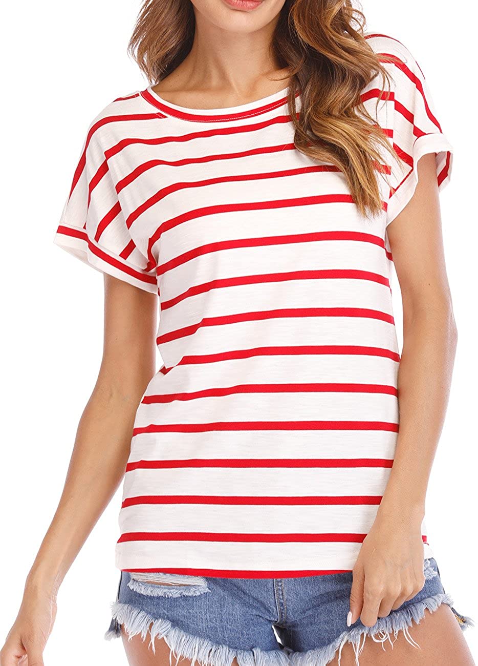 Haola Womens Striped Tops Summer Casual Round Neck Short Sleeve Blouse T-Shirt