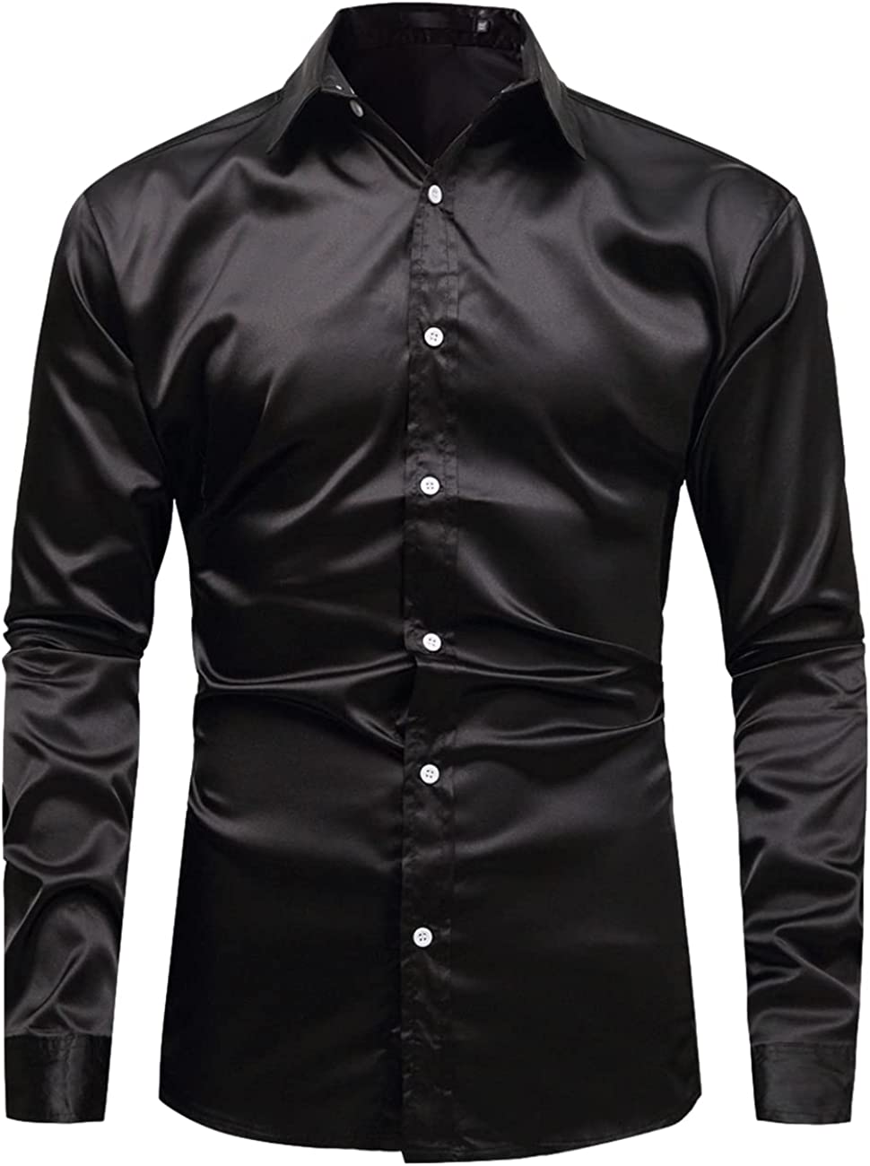 Japarismo Men's Metallic Slim Fit Silk Like Satin Shirt Long Sleeve Dress  Light