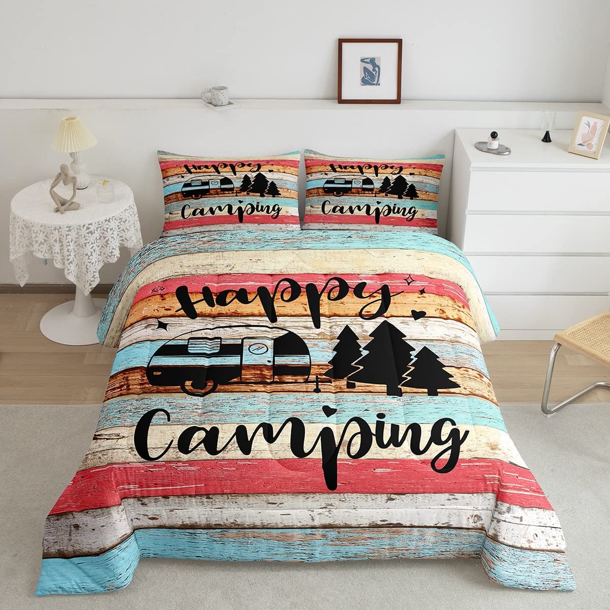 Camper Queen Bedding Set,Happy Camping Comforter Set Microfiber RV