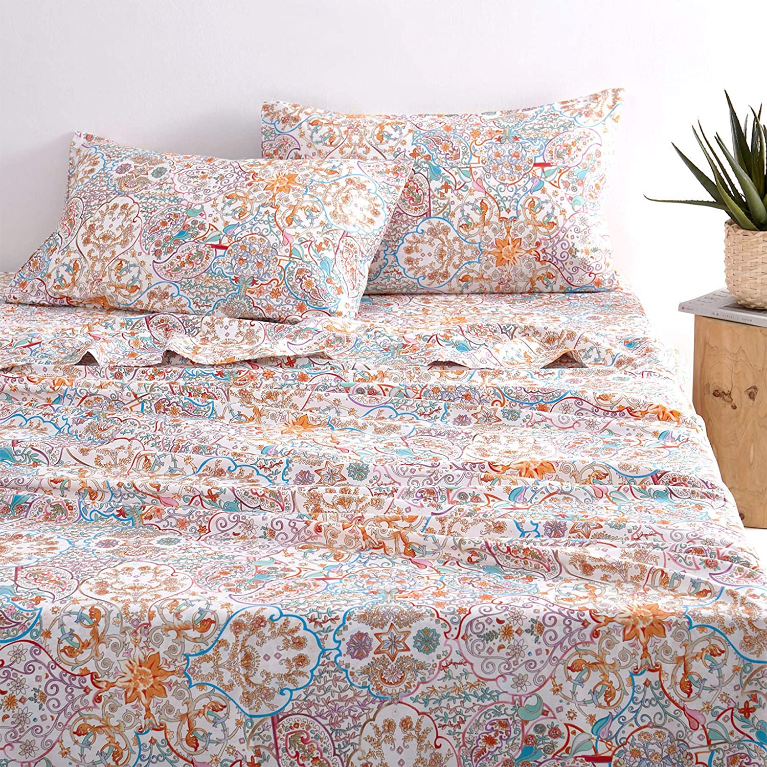 Wake In Cloud - Bohemian Sheet Set, 100% Cotton Bedding, Boho Chic Indian  Mandal | eBay