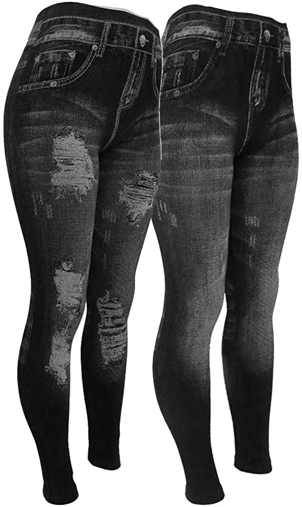 Winter Fleece Denim Print Fake Jeans Leggings Womens Faux Jean
