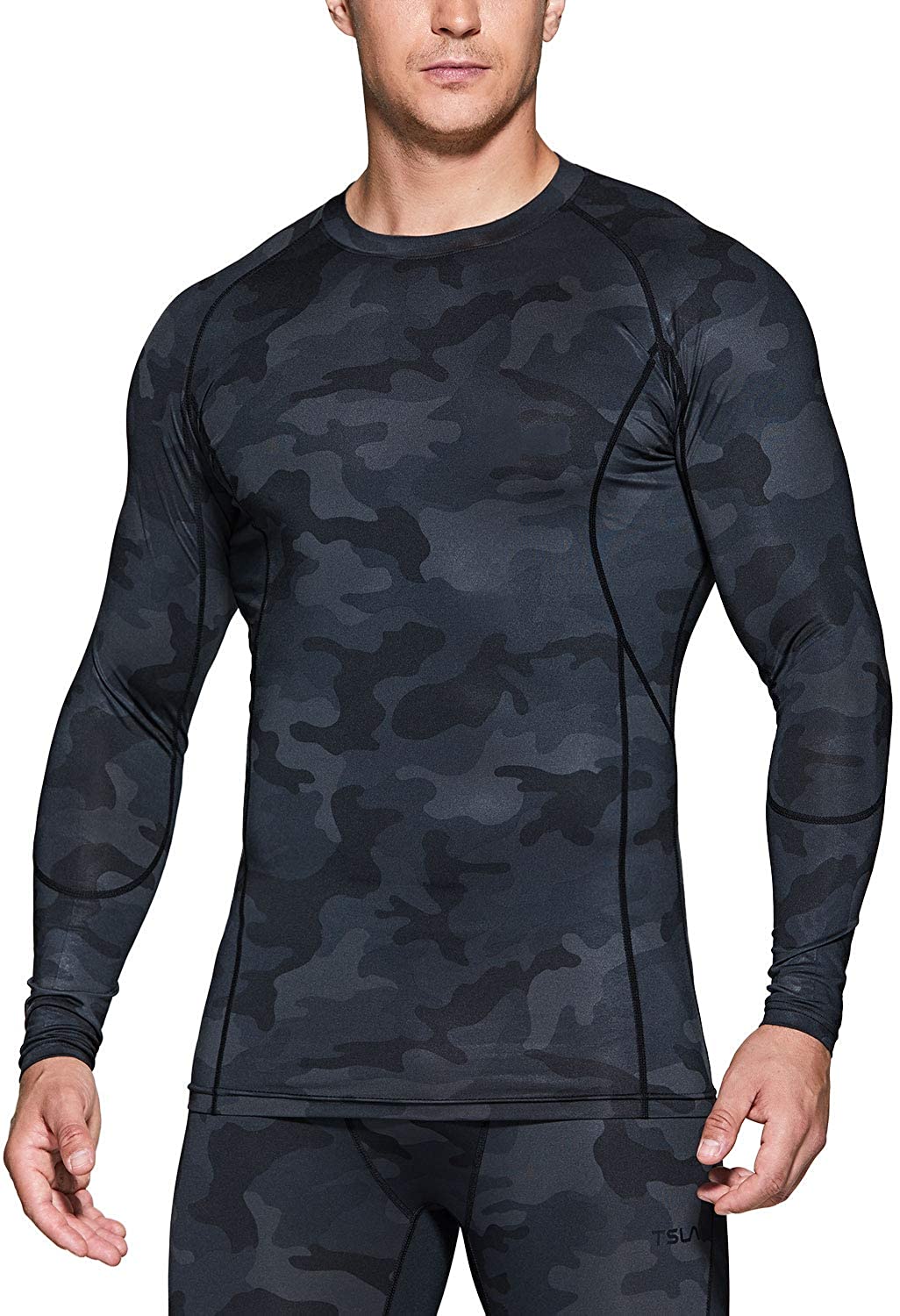 Men's Cool Dry Athletic Compression Long Sleeve Baselayer Workout T-Shirts Camo 