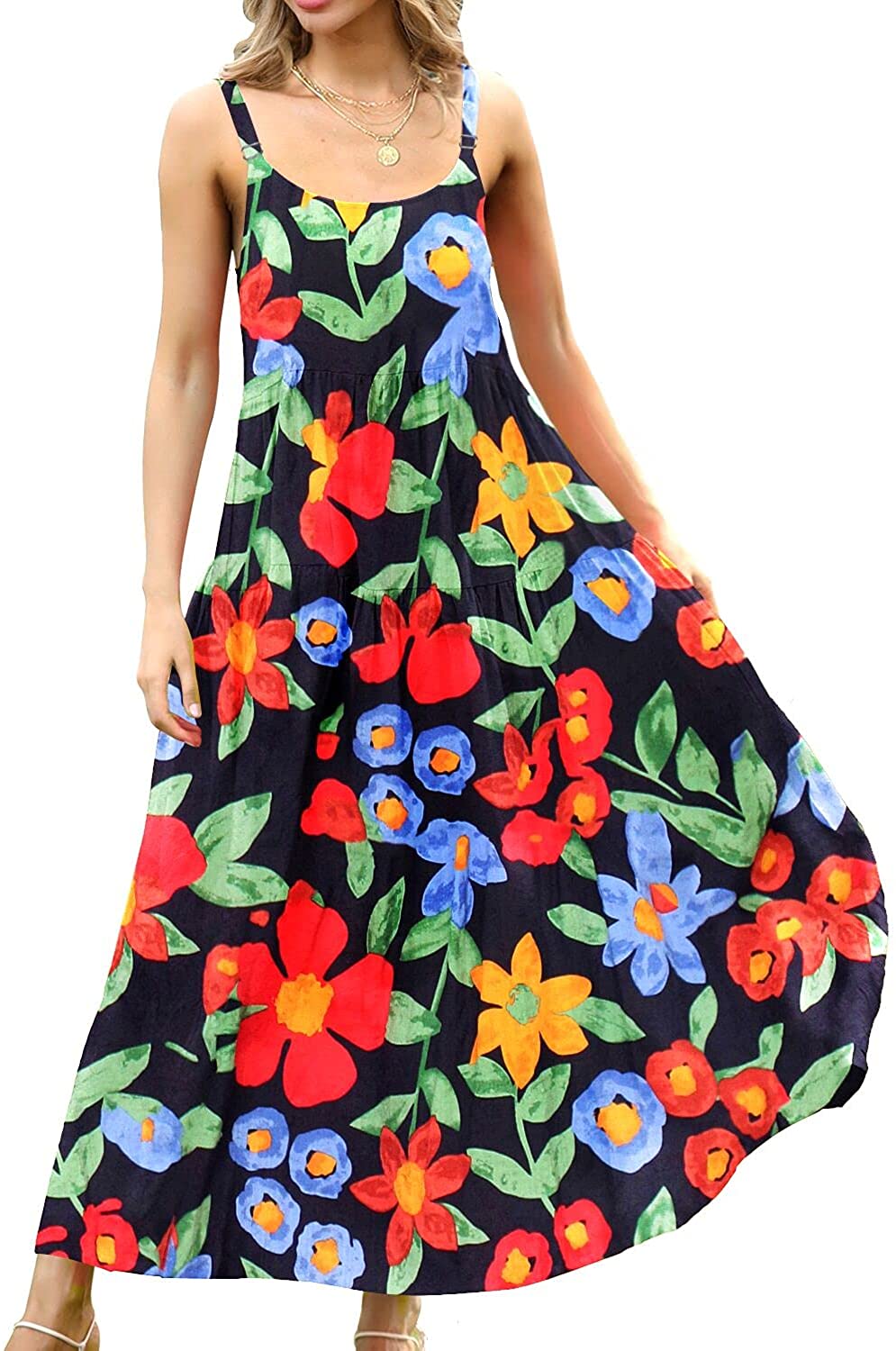 YESNO Women Casual Loose Bohemian Floral Print Dresses Spaghetti Strap Long Summer Beach Swing Maxi Dress XS-5X E75UK 