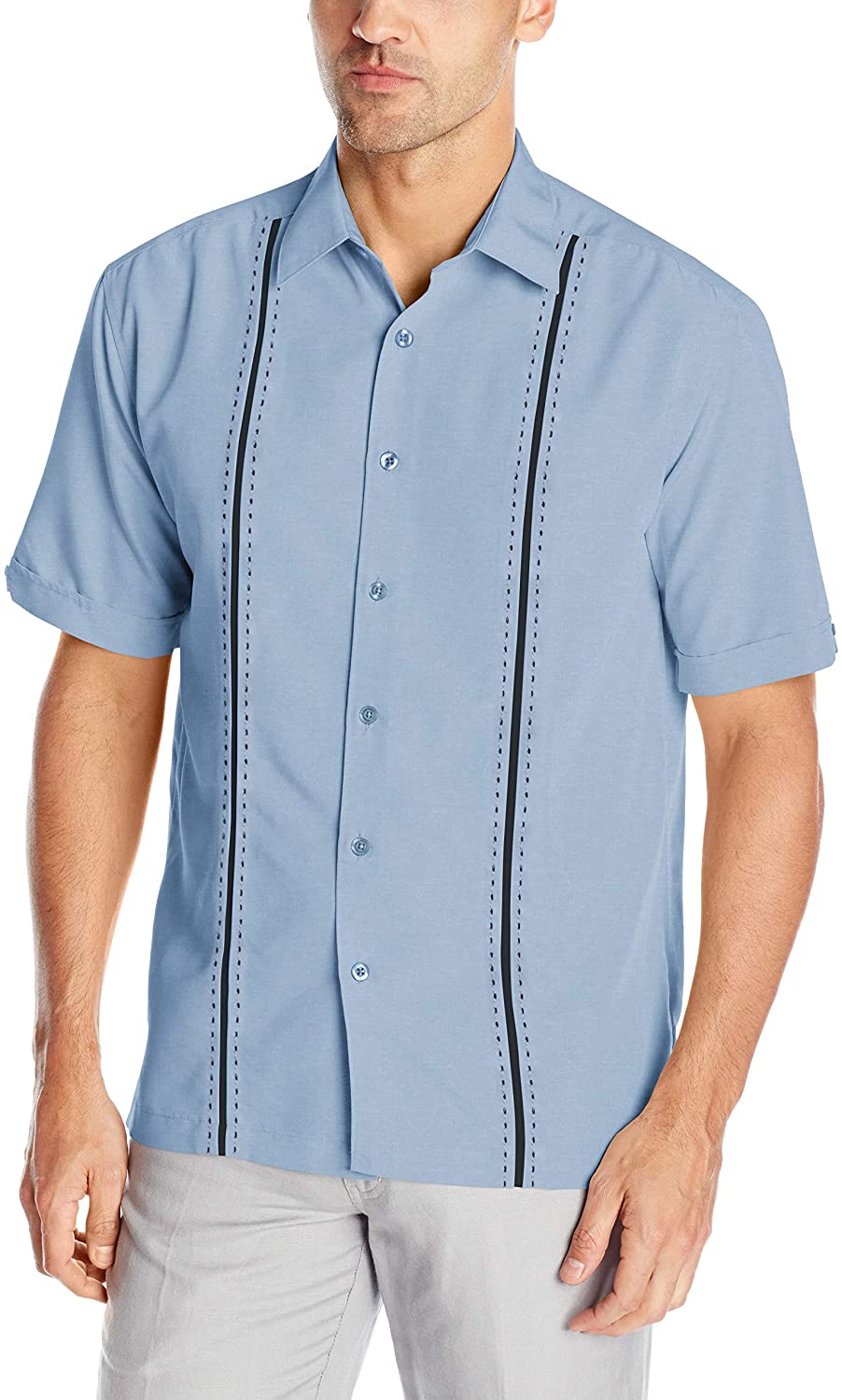 Cubavera Mens Short Sleeve Houndstooth-Print Shirt with Insert Panels