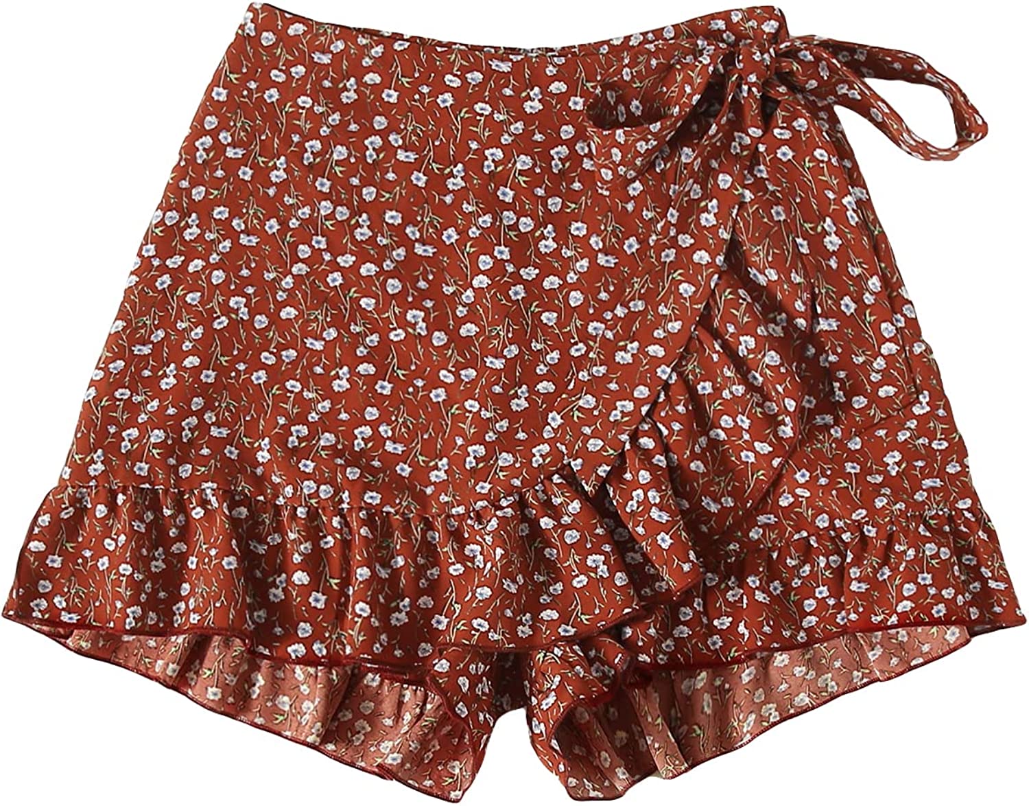 MakeMeChic Women's Boho Floral Print Elastic Waist Ruffle Wrap Tie Skorts  Skirt