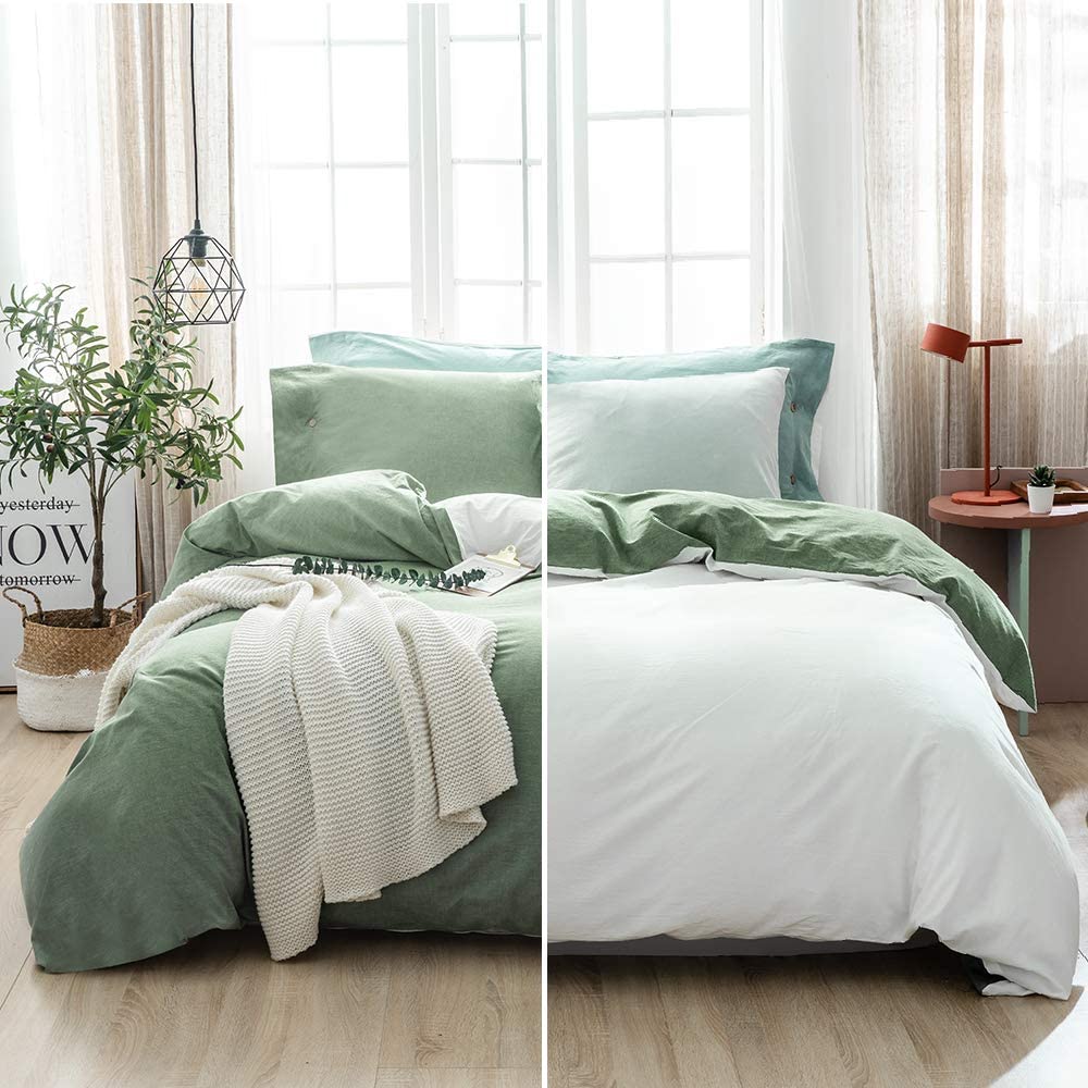 MILDLY 100% Washed Cotton Soft Duvet Cover Set King, Reversible White and  Minera