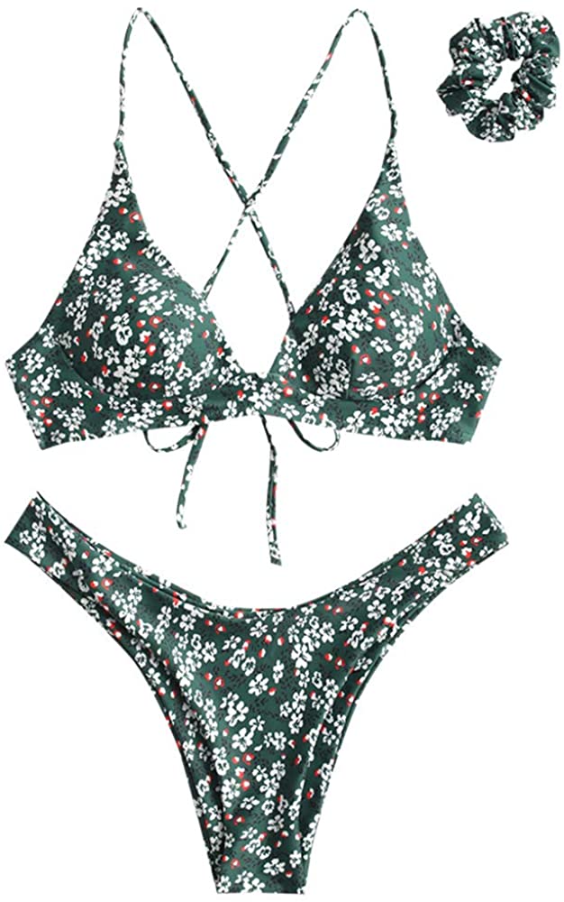 ZAFUL Womens Scale Print Lace-up Crisscross Bralette Bikini Set Swimsuit 