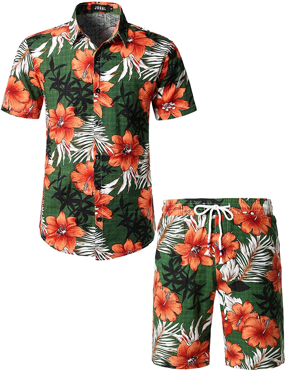 JOGAL Men's Casual Cotton Short Sleeve Button Down Hawaiian Shirt Suits 